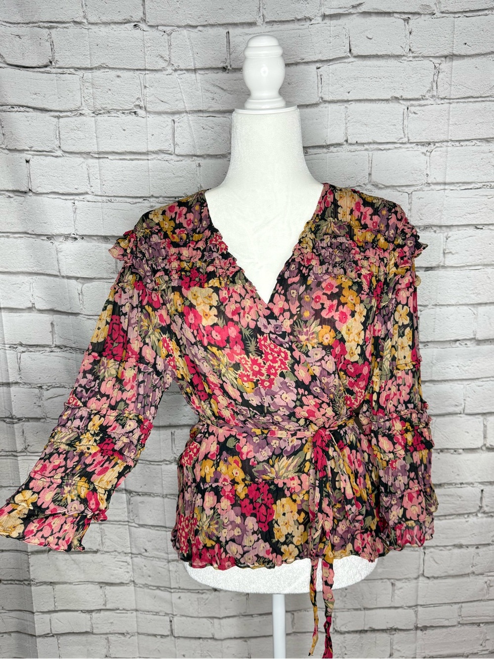 Polo Ralph Lauren Floral Wrap Blouse Size XL 3/4 Sleeve Ruffle Whimsical Fairy
